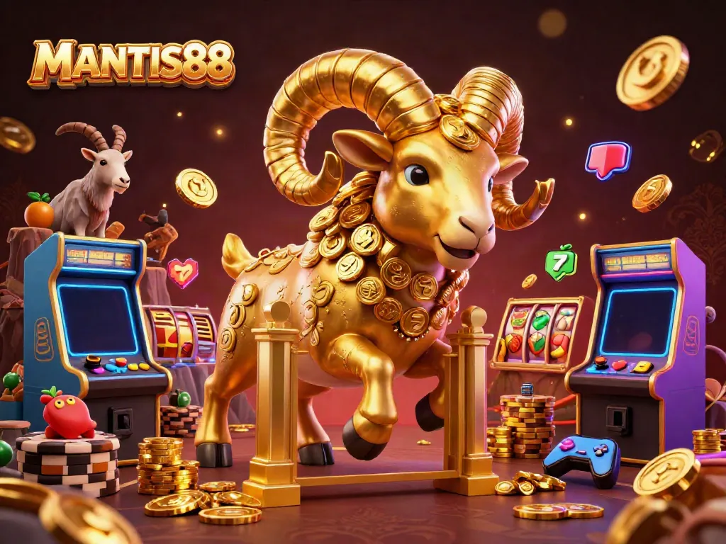 Experience exciting wins at MANTIS88 with vibrant casino elements and a charging golden ram.