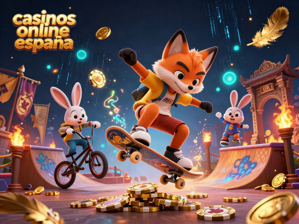 Casinos online en España: Ilustración 3D de un zorro haciendo trucos sobre fichas de póker doradas.