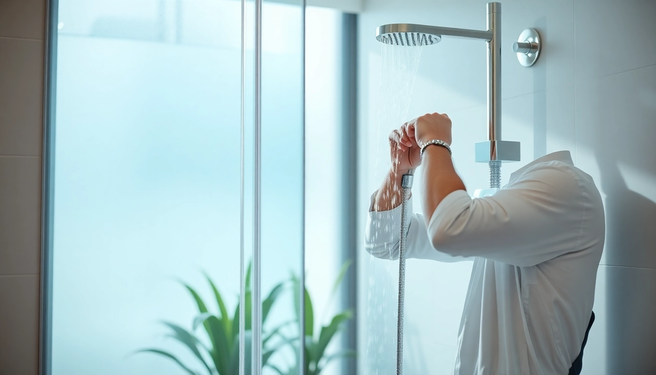Installing a new shower uk with elegant fixtures in a modern bathroom setting.