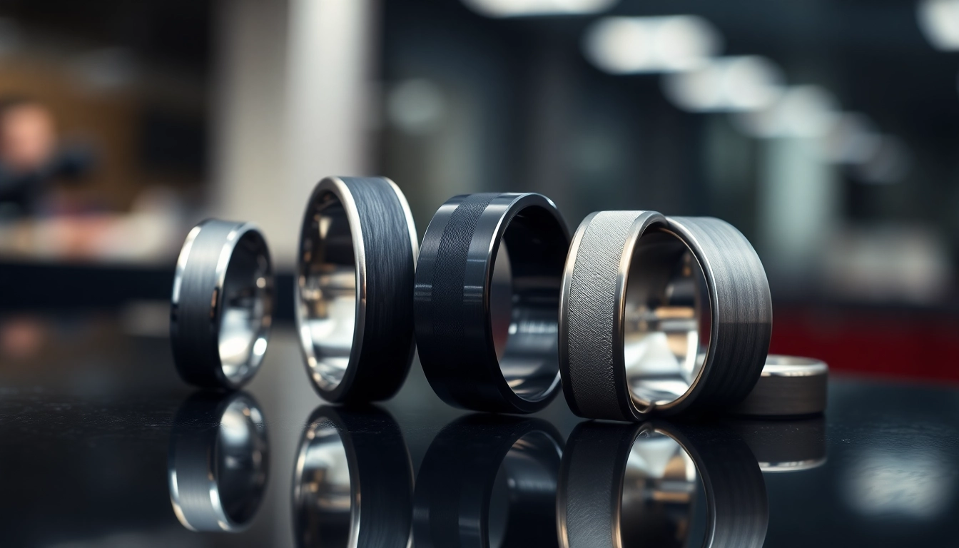Showcasing stunning tungsten rings with unique textures and finishes on a sleek surface.