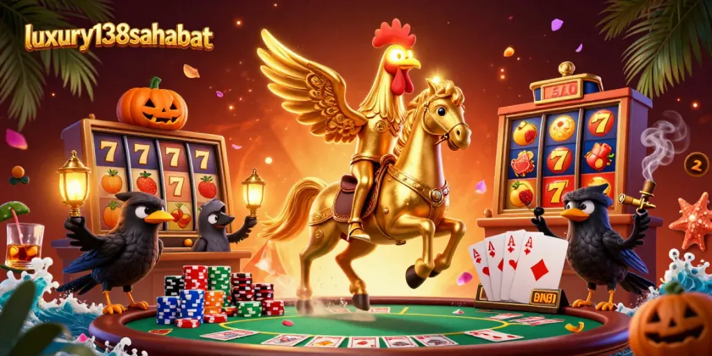Experience luxury138sahabat's vibrant slot gaming with epic visuals of golden rooster and casino elements.
