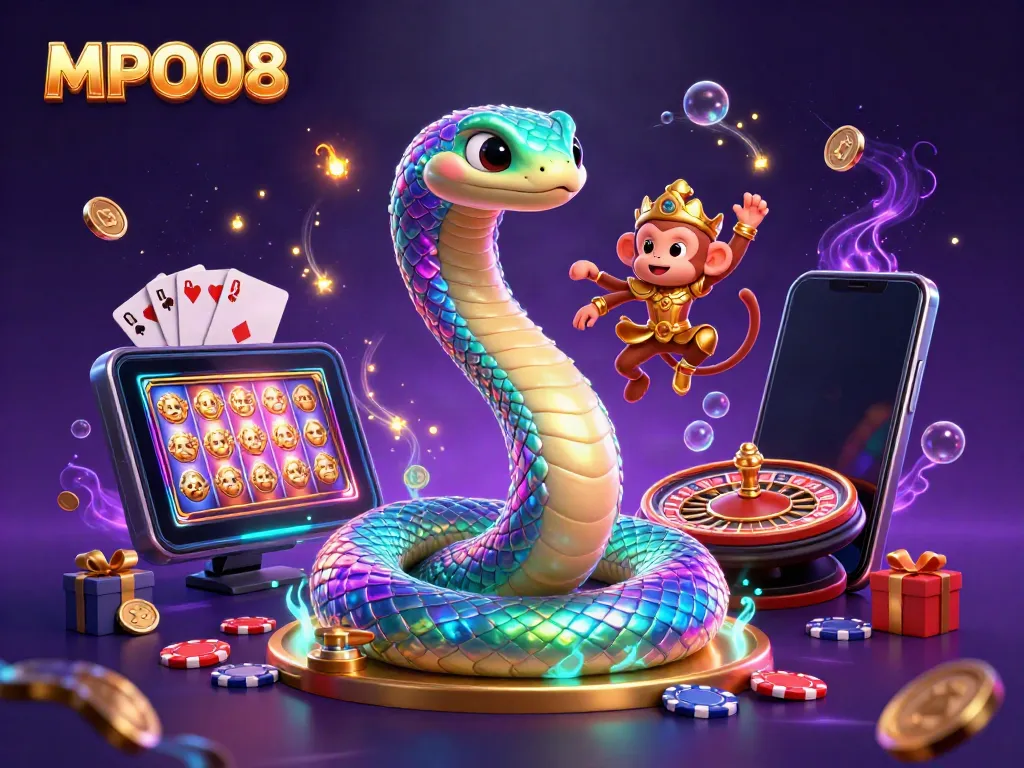 MPO08 features a colorful scene of a rainbow serpent, monkey king, and vibrant casino elements representing gaming fun.