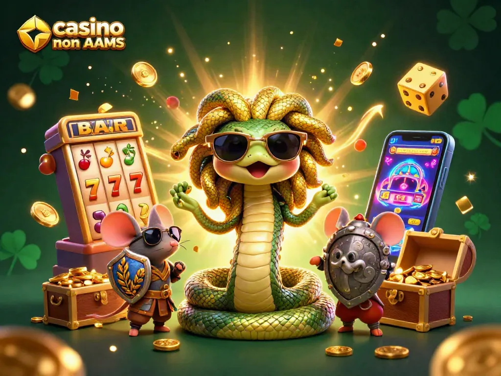 Gioca nei migliori casino online non AAMS con Medusa e un topo guerriero tra simboli di jackpot e macchine da gioco.