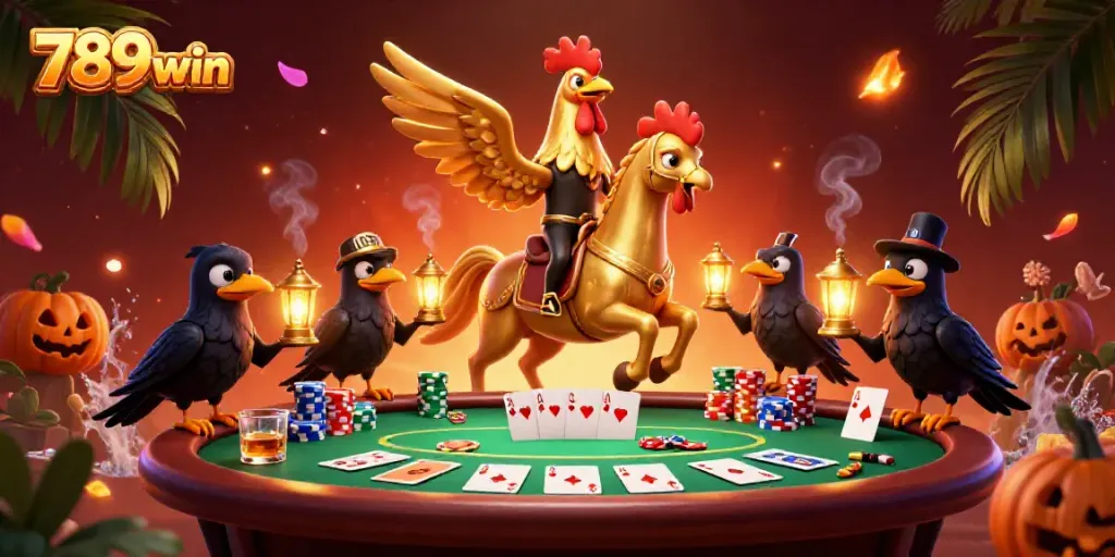 Experience the excitement of gaming with 789win's colorful casino scene featuring a golden rooster and poker elements.