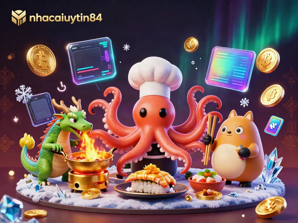 nhacaiuytin84 showcases a vibrant 3D casino scene with dynamic characters and cryptocurrency elements.