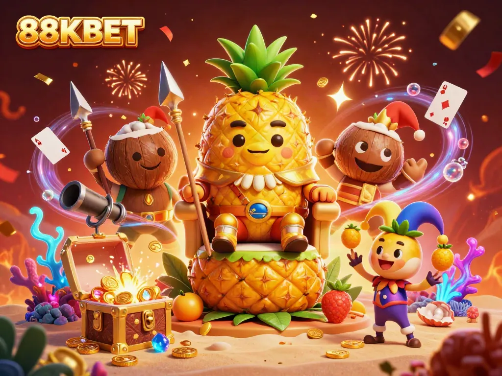 Enjoy thrilling gameplay at 88KBET with a golden pineapple king amidst festive casino elements.
