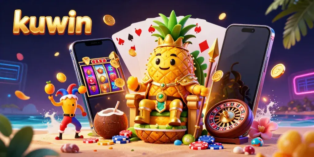 Kuwin casino scene with a golden pineapple king, coconut guards, and slot game elements on a vibrant beach.