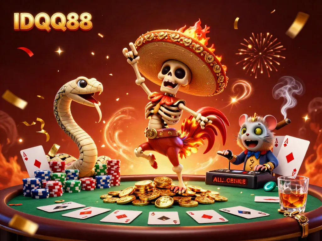 Join the vibrant celebration at IDQQ88 with a mariachi rooster, mummy snake, and DJ hamster amidst poker chips and gold!