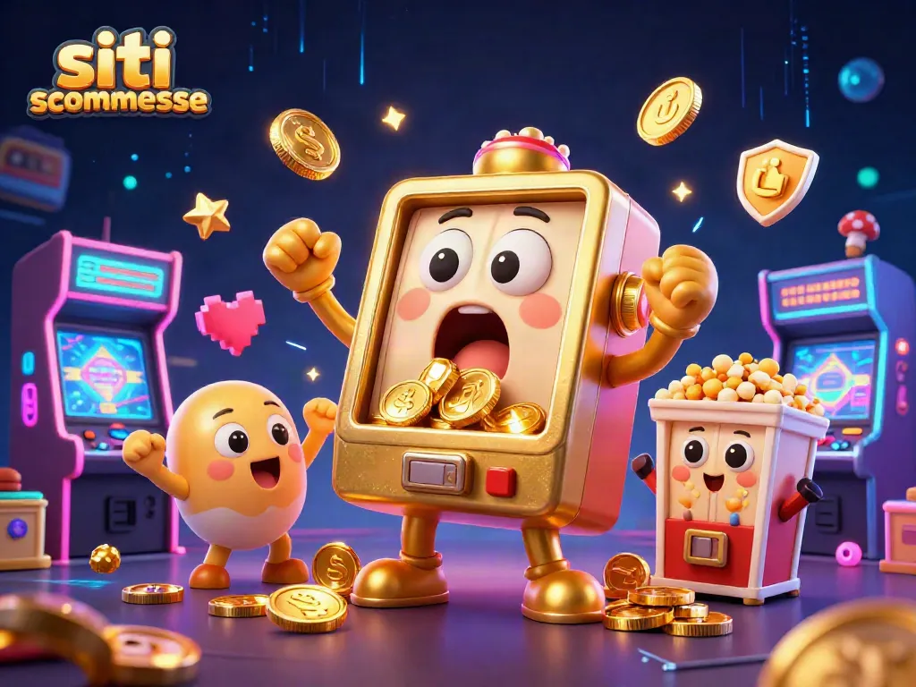 Gioca sui siti scommesse, slot machine d'oro festeggia il jackpot con gettoni sparsi intorno.