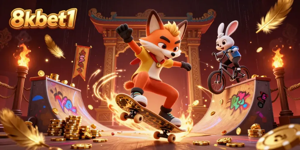 Experience the thrill of betting with 8xbet1 as a skateboarder fox and BMX-riding rabbit showcase casino excitement.