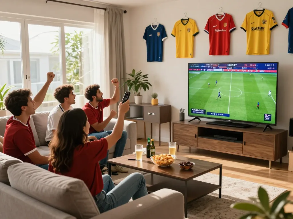 Cakhiatv live football viewing experience with friends in a modern living room, cheering and enjoying the match.