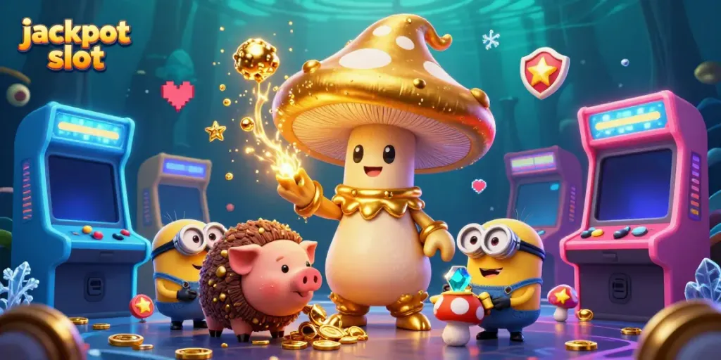 Experience the thrill of winning with jackpot slot as treasures surround a magical scene of characters and vibrant casino elements.