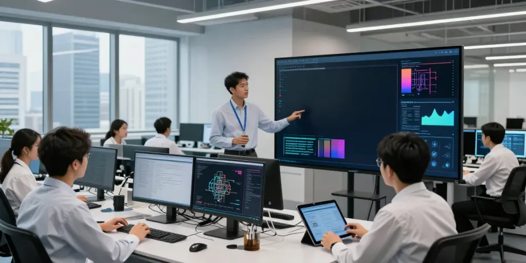 Enterprise AI team collaborating in a modern lab with data analysis and presentations.