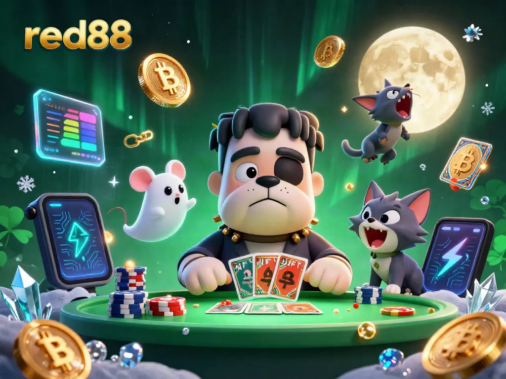 Experience thrilling gaming at red88 with a mystical scene featuring a Frankenstein bulldog dealer and a ghost mouse with casino chips.