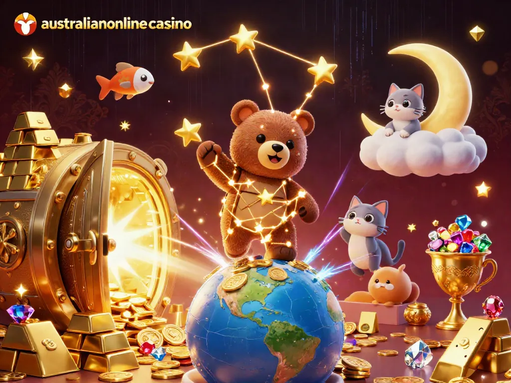 Experience the magic of real money wins with australianonlinecasino's 3D constellation bear in a dynamic casino illustration.