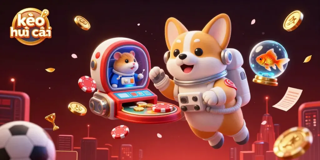 Engage in thrilling kèo nhà cái action with a cartoon astronaut corgi in a dynamic space casino scene!