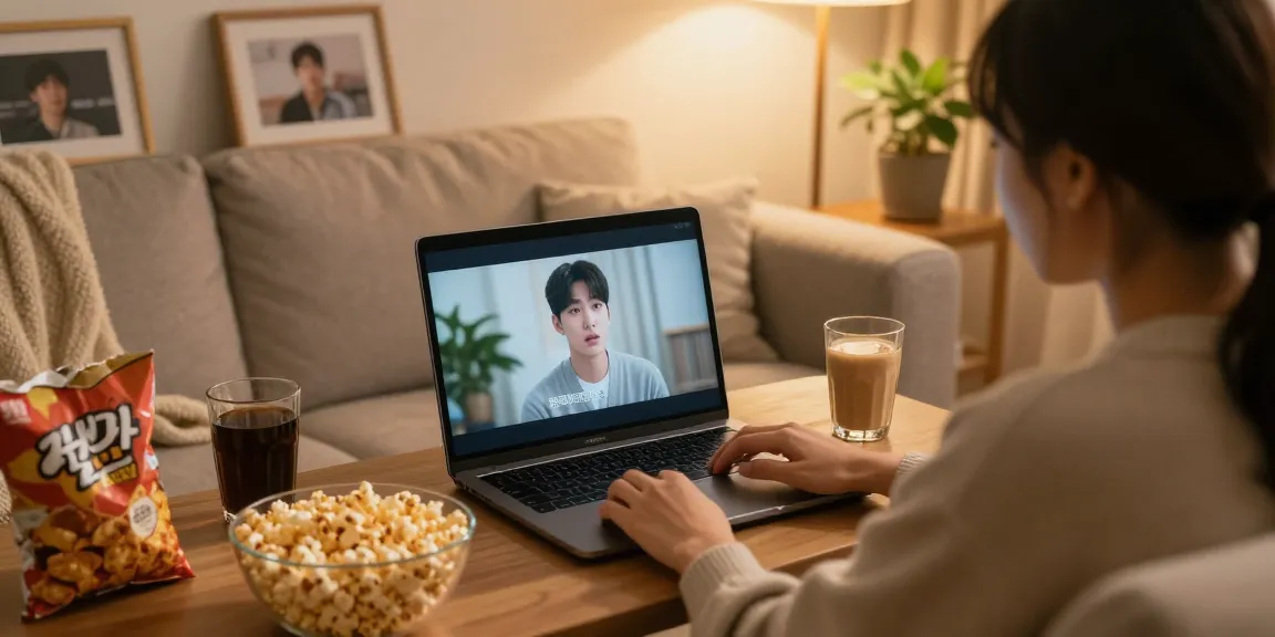 Nonton bokep korea in a cozy home setup with snacks and warm lighting.