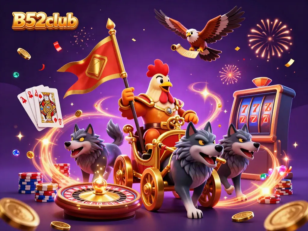 Experience the thrills of B52club with a dynamic casino-themed illustration featuring a rooster warlord.