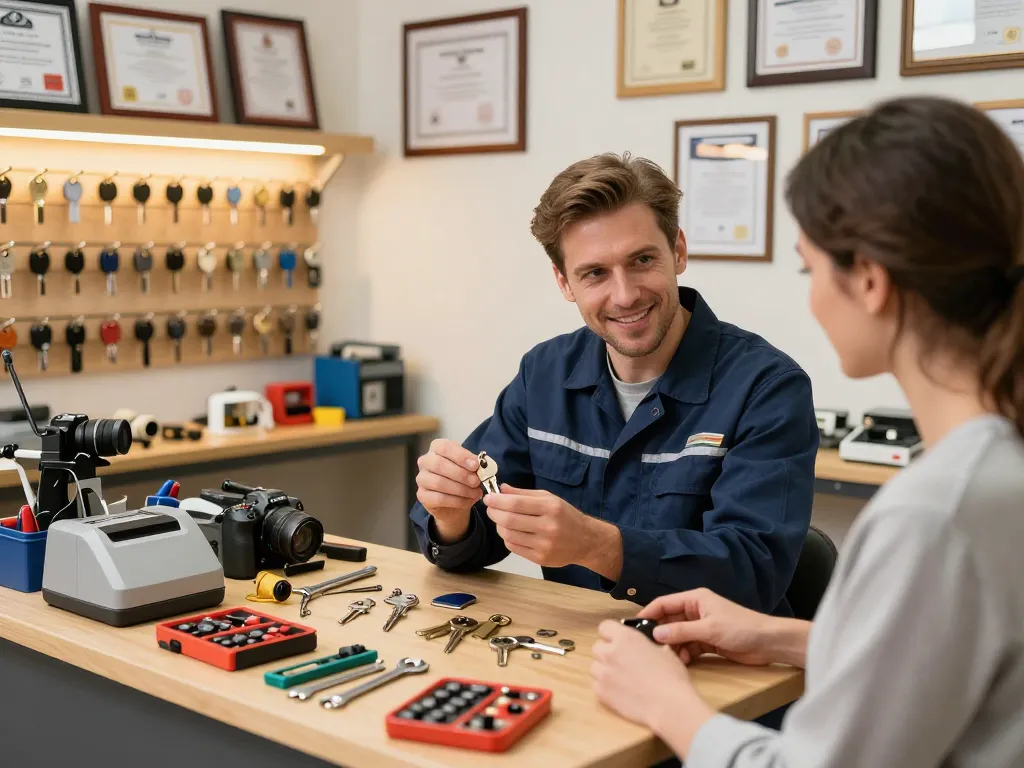 PSL Lock and Key locksmith helping customer at a workshop with tools and locks