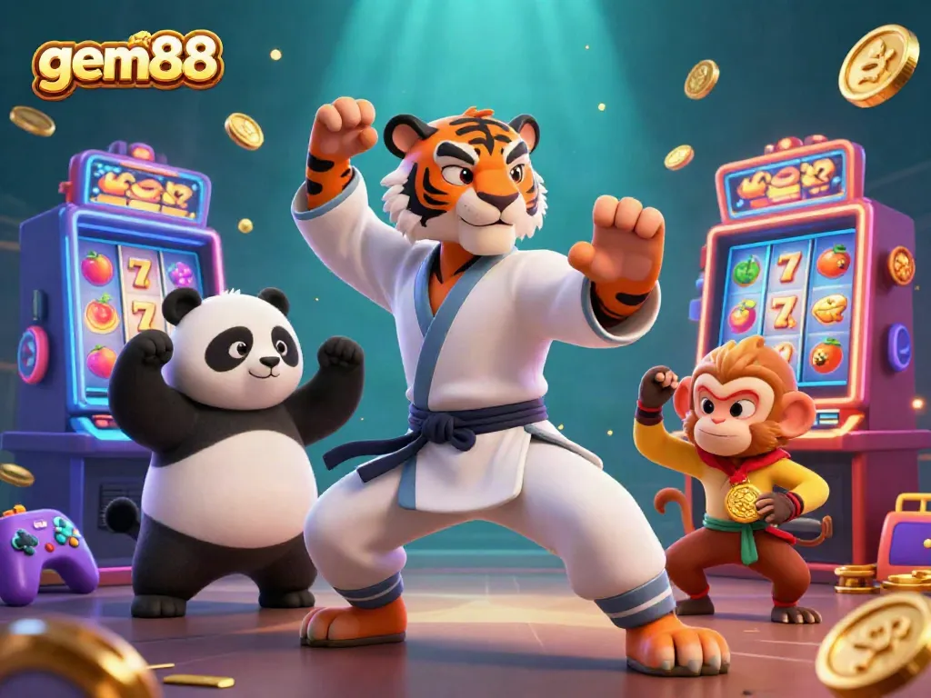 Experience gem88 in a vibrant scene with a kung fu tiger and friends amidst slot machines and casino elements