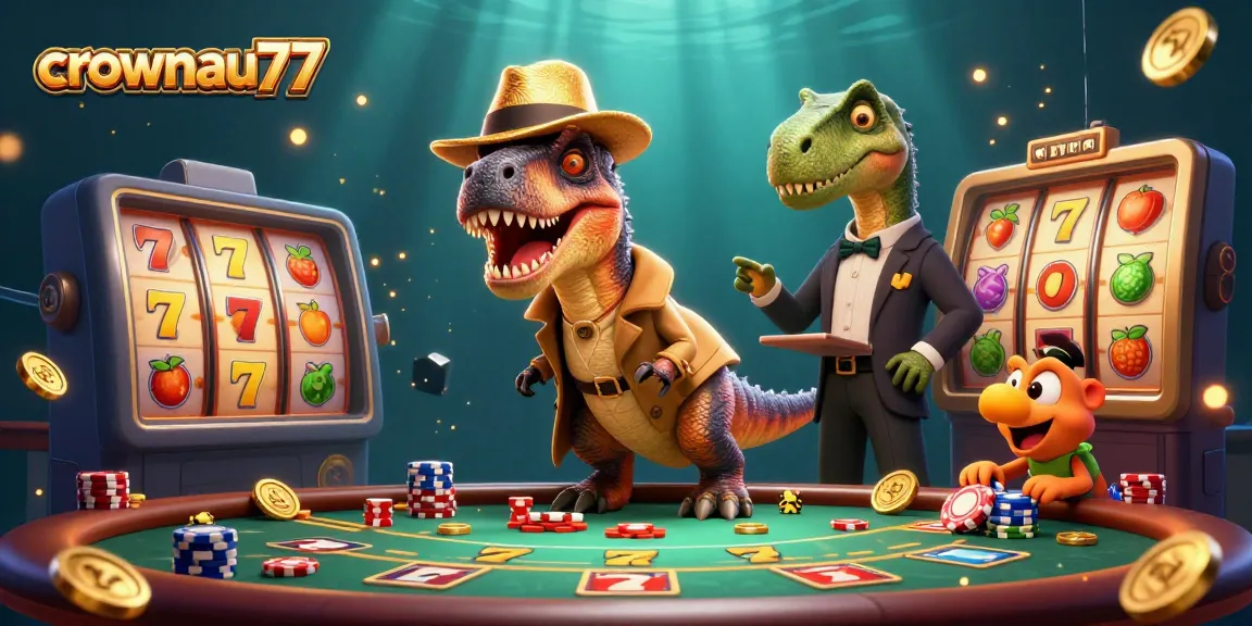 Experience thrilling moments at crownau77 with a velociraptor in disguise and colorful slot reels.