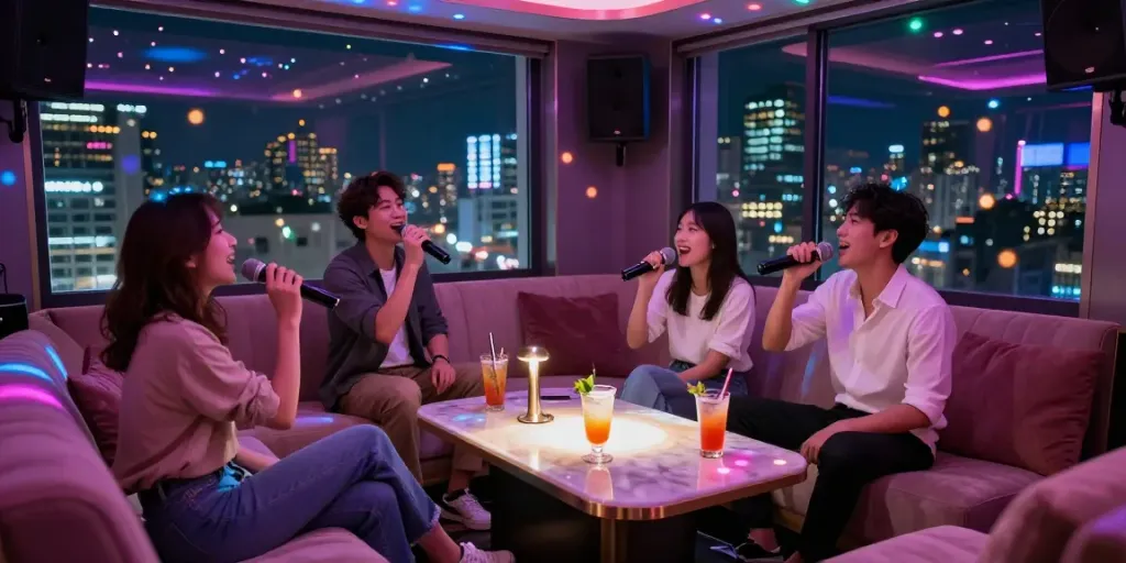 강남달토의 고급스럽고 활기찬 가라오케 룸, 친구들이 즐거운 노래 시간을 보내고 있는 모습