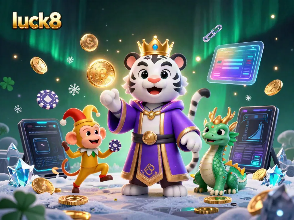 Experience luck8's vibrant casino world with a 3D animated scene showcasing a royal tiger, jester monkey, and dragon.