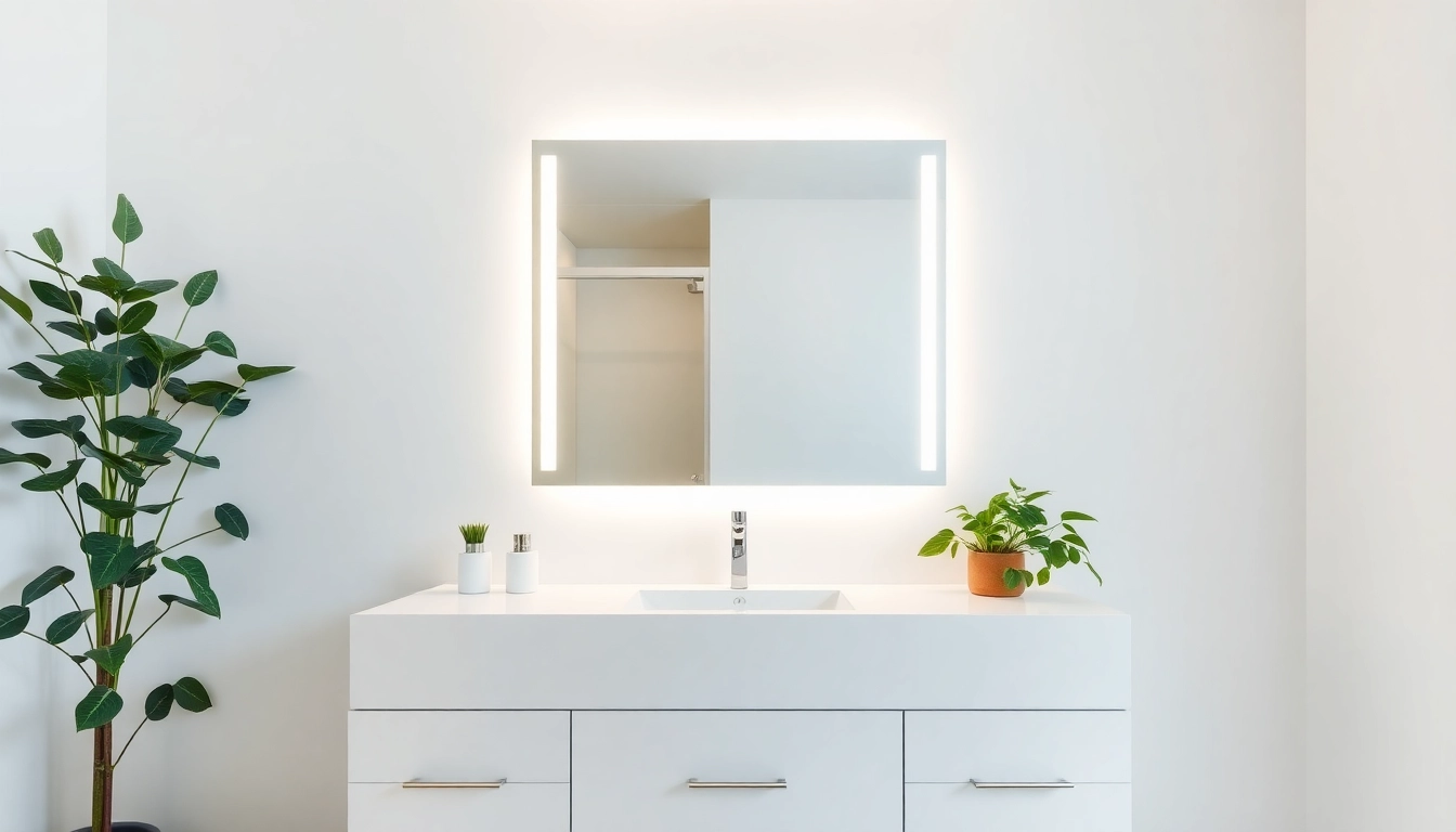 Showcase mirror and led lights reflecting elegance in a stylish bathroom setting.