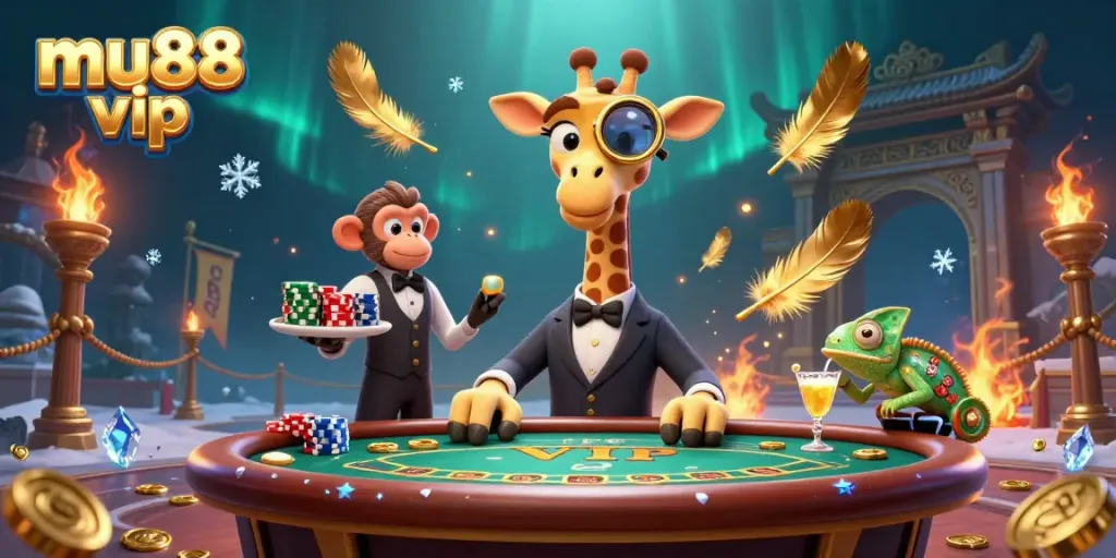 Experience thrilling games at mu88 vip with a vibrant illustration featuring dynamic gambling elements and characters.