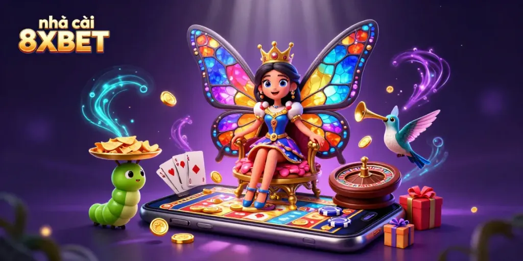 Experience the vibrant gambling world at nhà cái 8XBET with colorful slots and casino games depicted in a dynamic illustration.