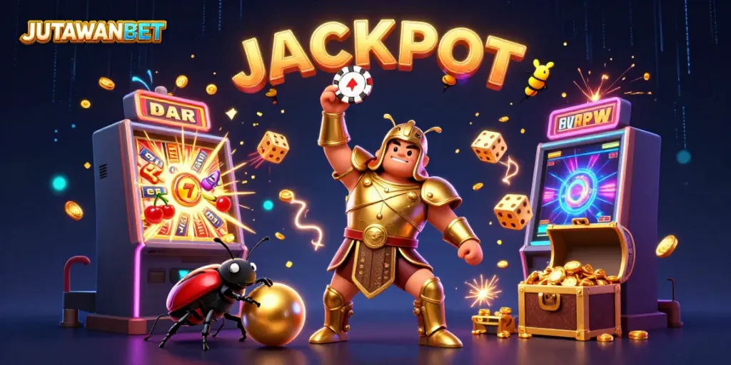 Experience exciting wins at JUTAWANBET with a jackpot celebration scene featuring vibrant elements and characters.