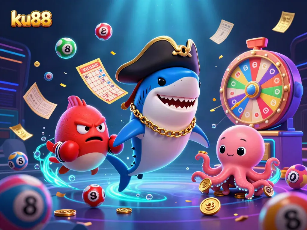 Engage with ku88 as the cheerful pirate shark and friends enjoy thrilling lottery games filled with rich visuals.