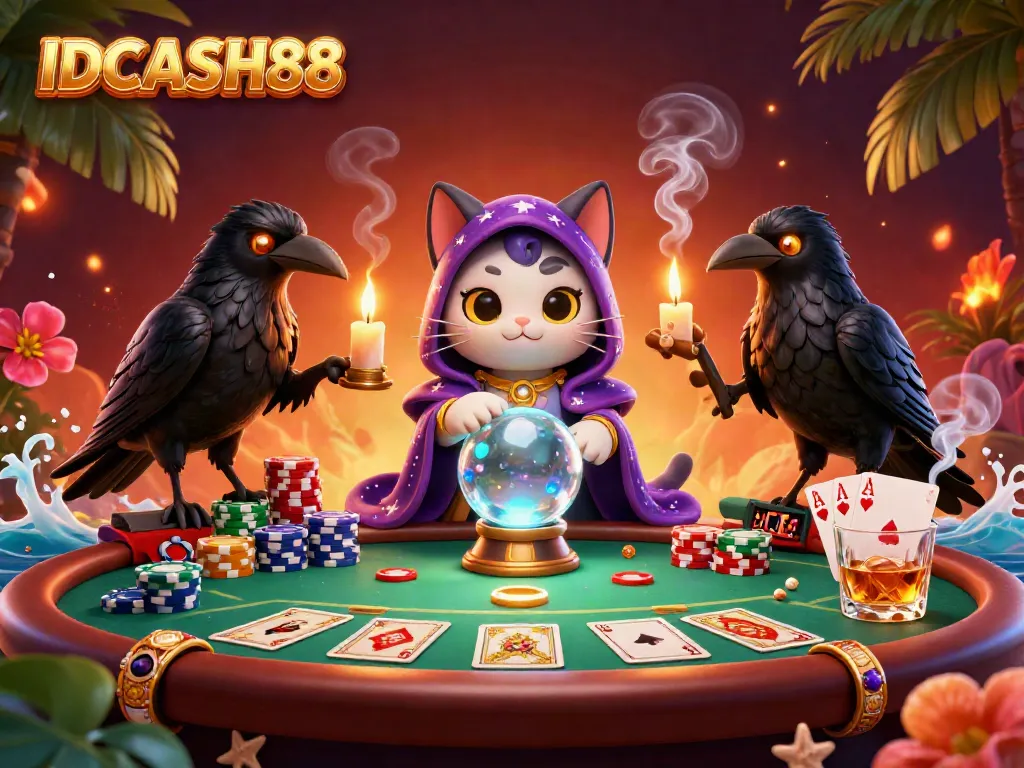Experience thrilling wins at IDCASH88 with a mystical 3D carnival scene of vibrant casino elements and fortune tellers.