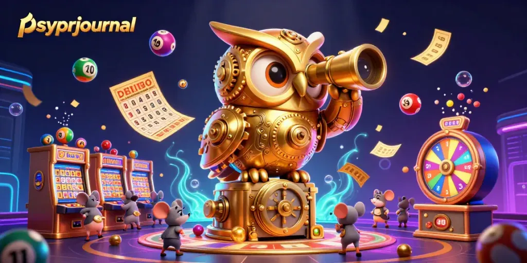 Masyarakat bermain di casino dalam ilustrasi 3D, berinteraksi dengan elemen psyprjournal dan bola lotere berwarna-warni.