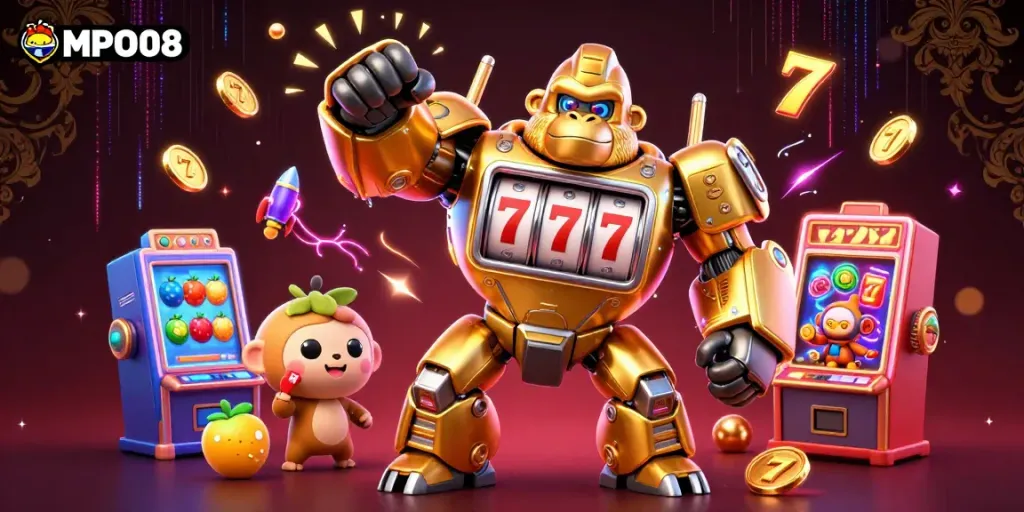 MPO08 showcases a golden gorilla mech amid colorful slot machine elements, enhancing casino excitement.