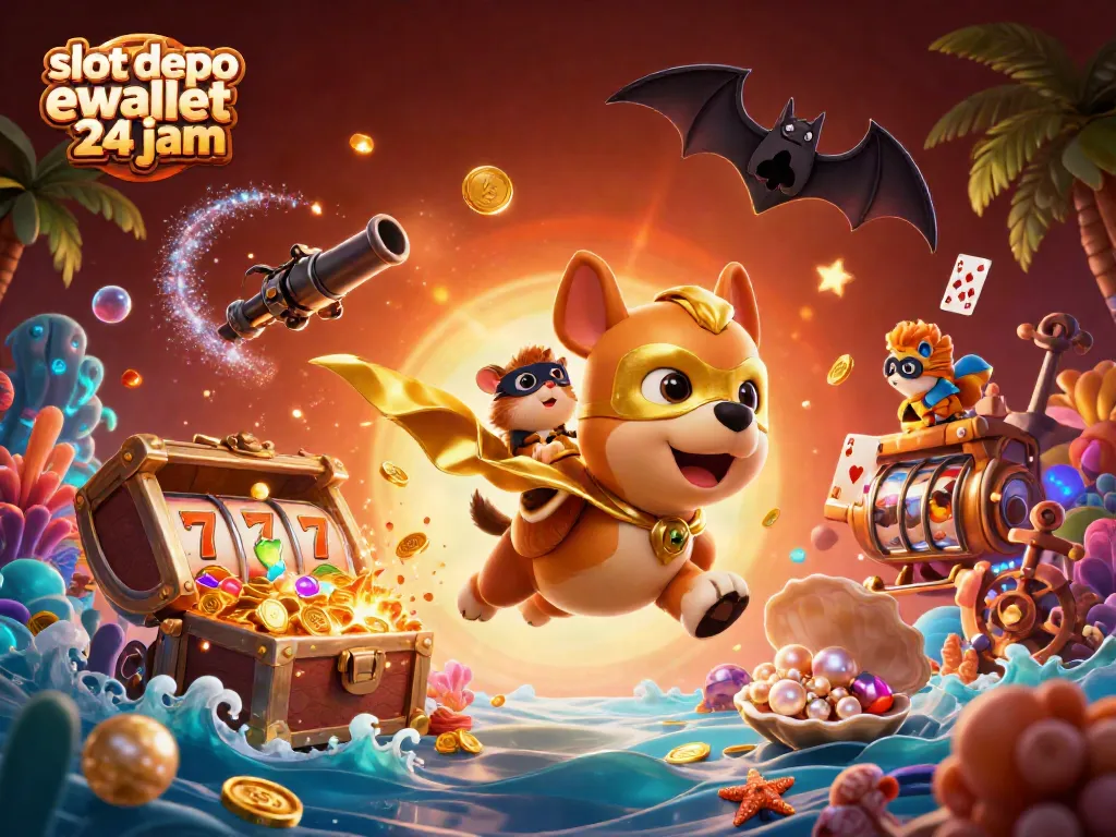 Menangkan permainan slot depo ewallet 24 jam dengan karakter superhero menggenggam koin emas.
