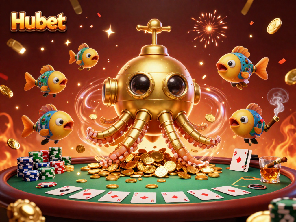 Experience Hubet's thrilling underwater casino adventure featuring a golden kraken and vibrant poker scene.
