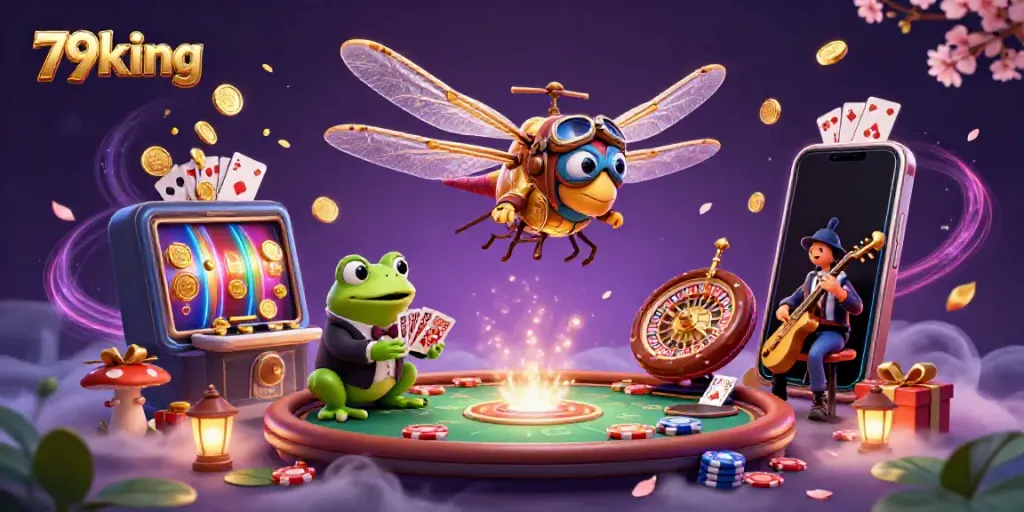 Engage with the 79king casino scene featuring a dragonfly pilot, frog croupier, and lively elements showcasing excitement and winning.