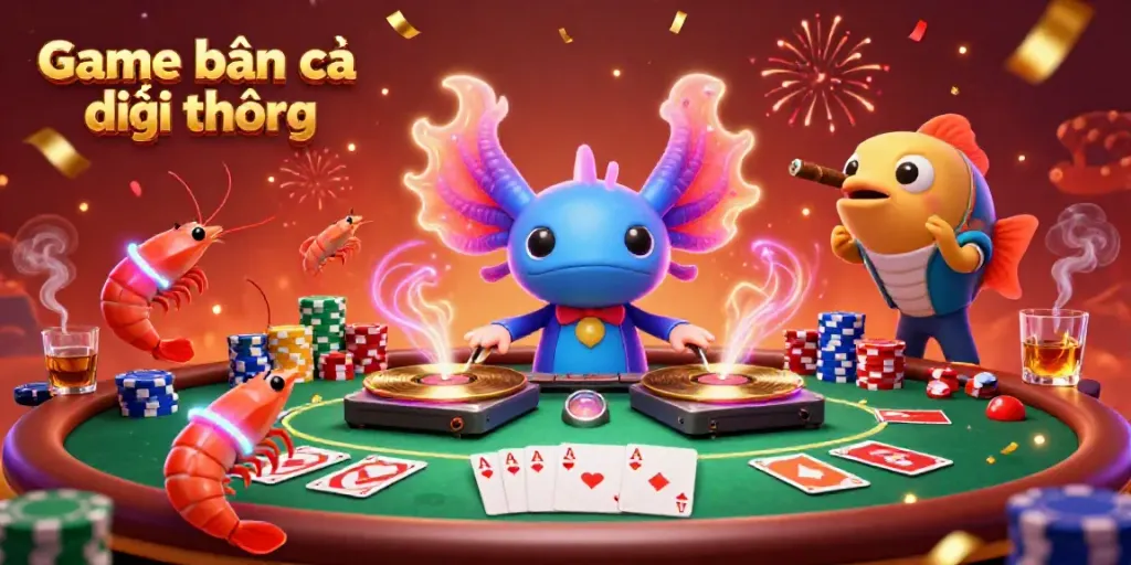 Spin and win in Game bắn cá đổi thưởng with lively underwater characters and casino elements.