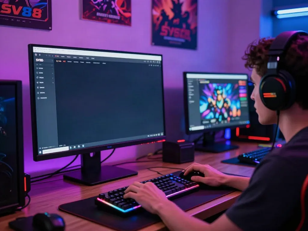 Engaged player with SV88 platform interface in a vibrant gaming room