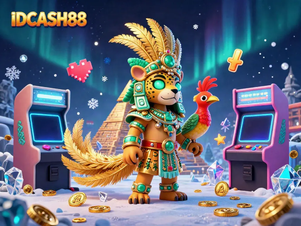 Experience the thrill of IDCASH88 with vibrant gaming scenes featuring a Mayan priest and golden accents.