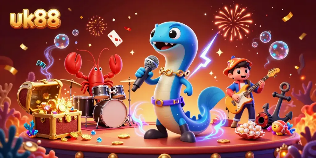 Experience the vibrant underwater casino atmosphere with uk88, featuring electric eel, lobster drummer, and seahorse guitarist.