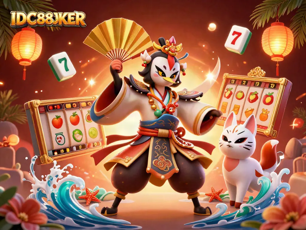 Experience the vibrant online gaming world with IDC88JOKER's colorful characters, slot reels, and dynamic elements.
