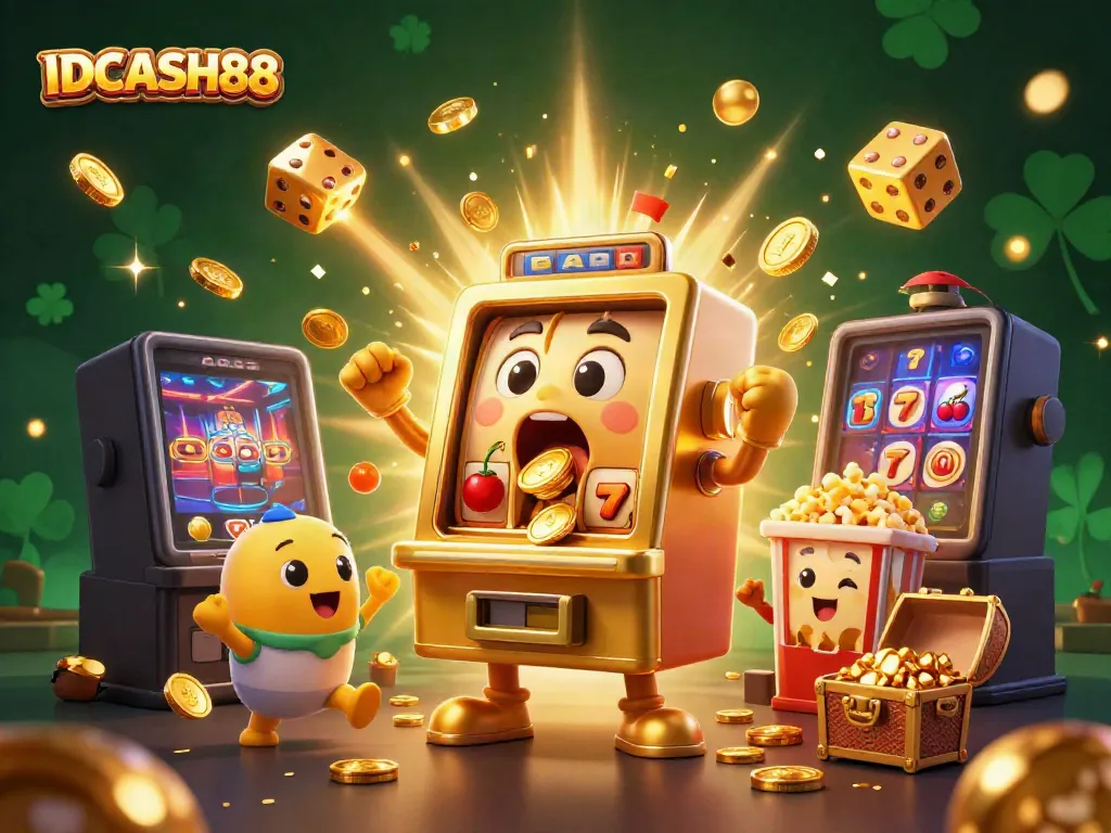 Spin to win big with IDCASH88 as golden coins rain from a jackpot-winning slot machine in a vibrant casino scene.