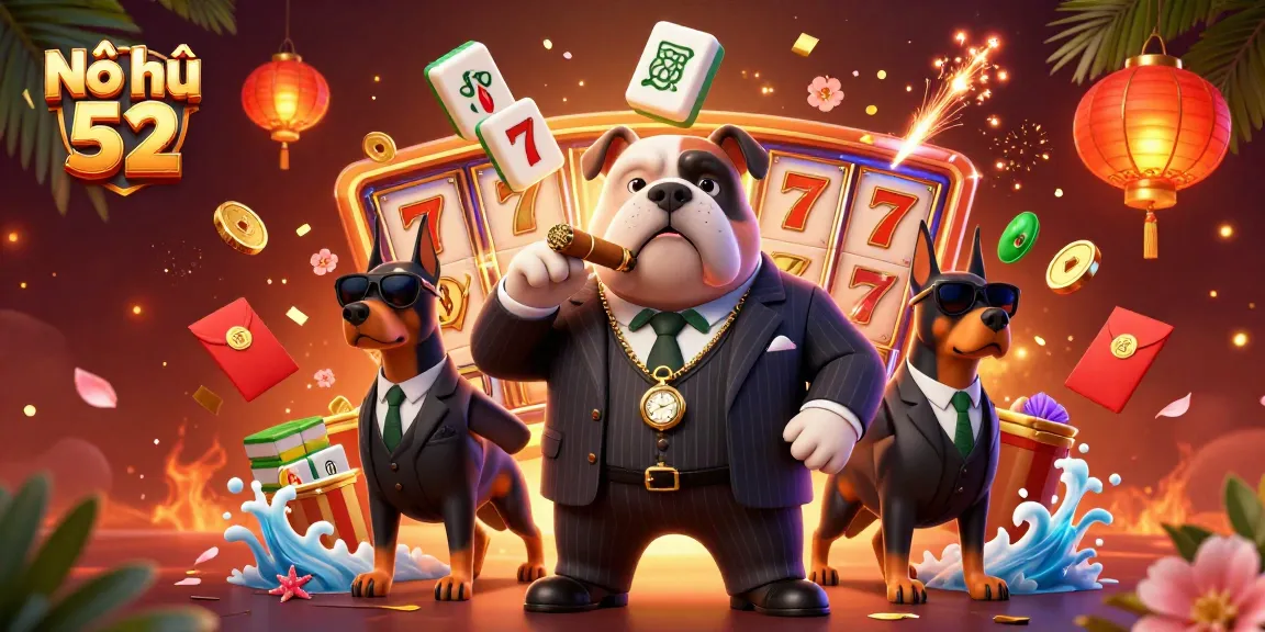 Nổ hũ 52 casino illustration showcases a mafia bulldog and two Doberman bodyguards in a vibrant game environment.