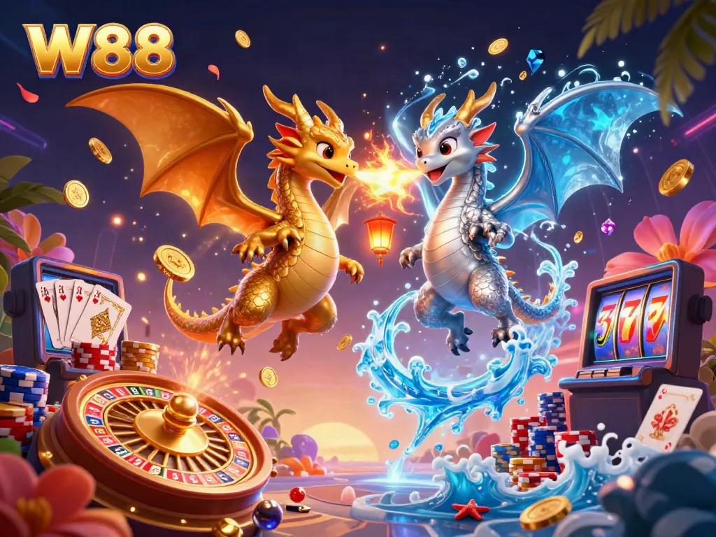 Win big at W88 with dynamic 3D dragons and casino elements showcasing the excitement of gaming.