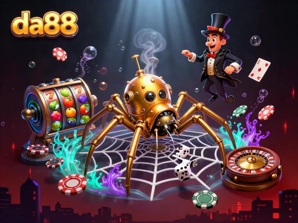 Engage with da88's high-stakes action featuring a golden spider and casino elements in a vibrant scene.