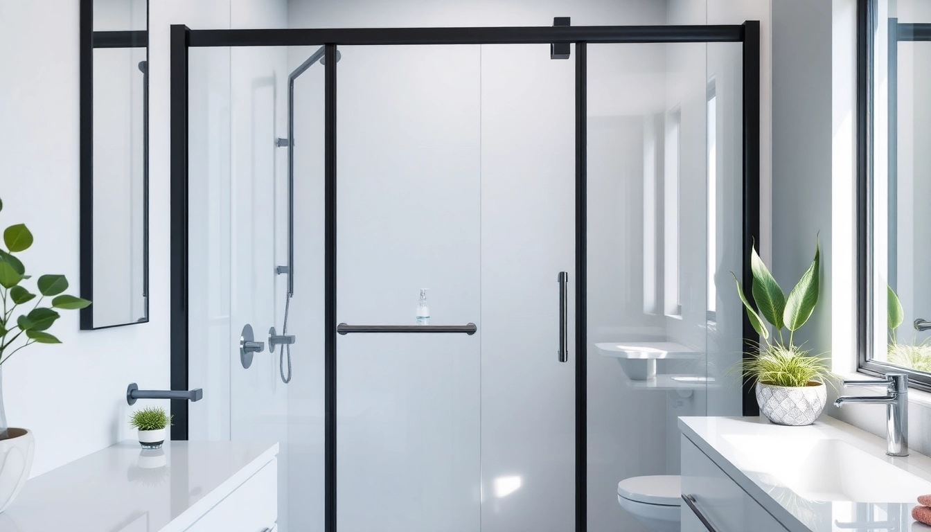 Visualize black frame shower doors showcasing sleek glass and metallic finishes in a modern bathroom.
