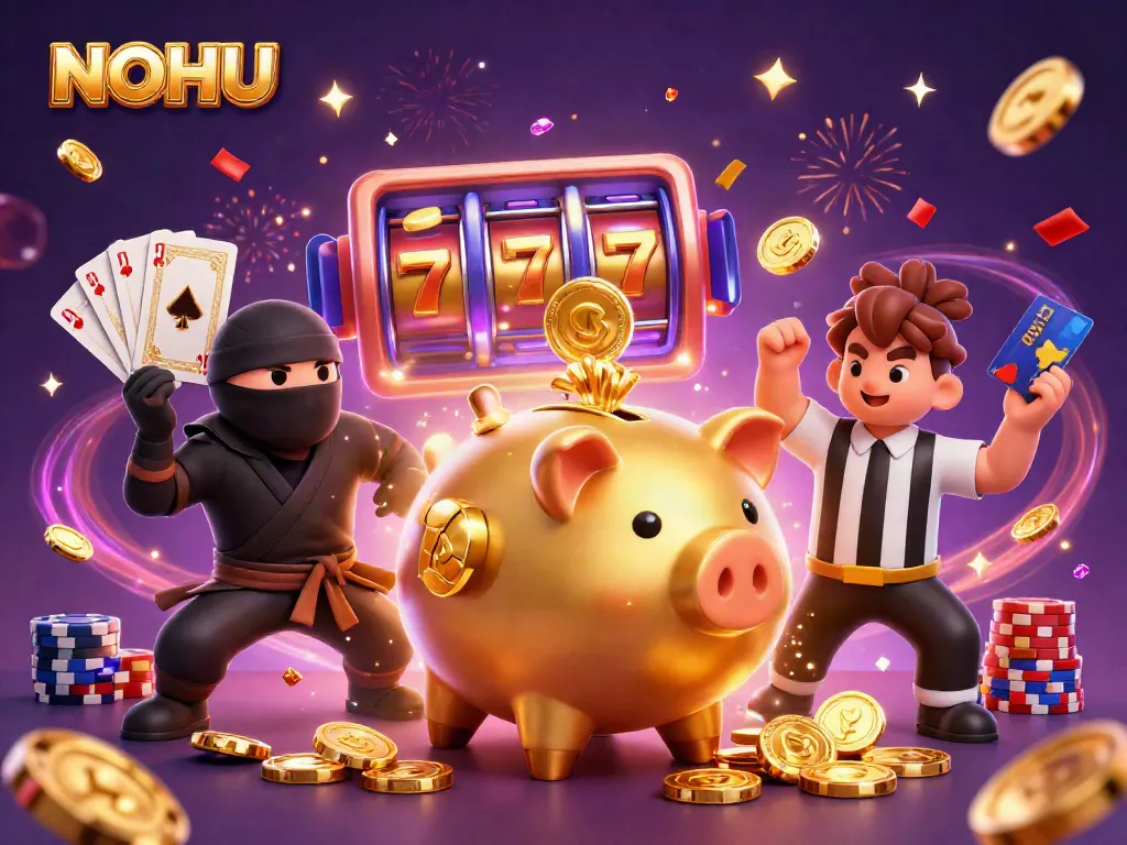 NOHU features a golden piggy bank sumo wrestler and vibrant casino elements in a thrilling jackpot scene.