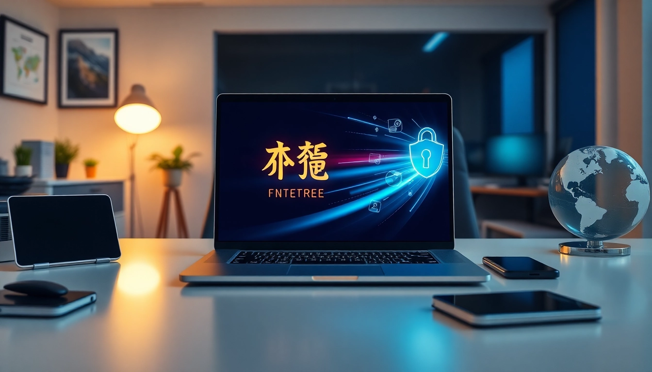 快连官网 interface on a laptop with elements showcasing speed and security in a professional workspace.